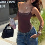 Women's Square Neck Lace Bodysuit Sleeveless Spaghetti Strap Jumpsuit Solid Color Bodycon Rompers Tank Tops