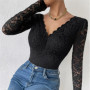 Elegant Floral Lace V-Neck Bodysuit Slimming Shaper Sexy Scallop Trim Women's Party Top Bodycon Fashion for Night Club