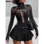 nibber Hollow Out Women Bodysuit Criss-Cross Full Sleeve Autumn Trend Skinny Sexy Solid Rave Party Club Streetwear Y2K Outfit