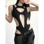 Mall Gothic Hollow Out Sexy Bodysuits Techwear Fashion Y2k Patchwork Tops Women Grunge Backless High Cut Slim Bodysuit