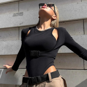 Slim Sexy Women Hollow Out Bodysuit Two Piece Set Patchwork Short Sleeve Bodycon Jumpsuit for Women Goth Top Black Body Outfits