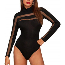 Mesh See Through Sexy Bodysuit Long Sleeve Round Neck Skinny Backless Patchwork Slim High Waist Wild Slim Rompers For Women
