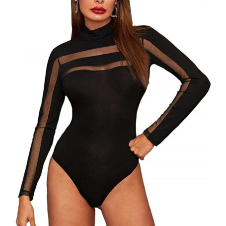 Mesh See Through Sexy Bodysuit Long Sleeve Round Neck Skinny Backless Patchwork Slim High Waist Wild Slim Rompers For Women