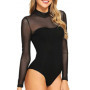 Mesh See Through Sexy Bodysuit Long Sleeve Round Neck Skinny Backless Patchwork Slim High Waist Wild Slim Rompers For Women