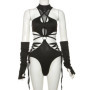 Goth Dark Bandage Hollow Out Sexy Cyber Y2k Bodysuits Gothic Techwear Mesh Patchwork Tops Female Glove Sleeve Mock Neck Bodysuit