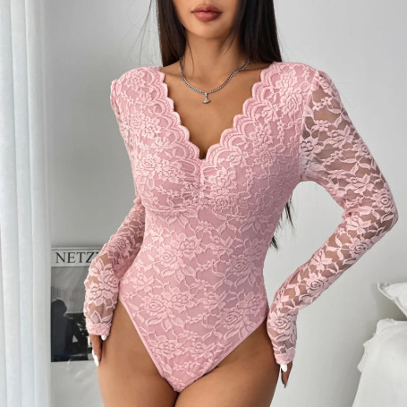 Elegant Floral Lace Shaping Bodysuit V-Neck Slimming Body Shaper Sexy Scallop Trim Women's Party Leotard Night Club Top
