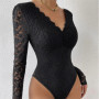 Elegant Floral Lace Shaping Bodysuit V-Neck Slimming Body Shaper Sexy Scallop Trim Women's Party Leotard Night Club Top