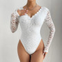 Elegant Floral Lace Shaping Bodysuit V-Neck Slimming Body Shaper Sexy Scallop Trim Women's Party Leotard Night Club Top