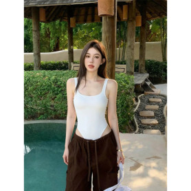 Sexy U-neck ribbed bodysuit with low cut, high waist & slim fit.Back straps & snap bottom. Perfect hot girl summer look