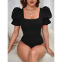 New 2026 Bubble Sleeve Black Bodysuits Solid Color Summer Fashion Temperament Slim Fit Sexy Tops One Pieces Clothes for Women
