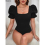 New 2026 Bubble Sleeve Black Bodysuits Solid Color Summer Fashion Temperament Slim Fit Sexy Tops One Pieces Clothes for Women
