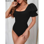 New 2026 Bubble Sleeve Black Bodysuits Solid Color Summer Fashion Temperament Slim Fit Sexy Tops One Pieces Clothes for Women