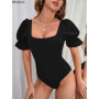 New 2026 Bubble Sleeve Black Bodysuits Solid Color Summer Fashion Temperament Slim Fit Sexy Tops One Pieces Clothes for Women