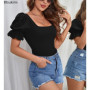 New 2026 Bubble Sleeve Black Bodysuits Solid Color Summer Fashion Temperament Slim Fit Sexy Tops One Pieces Clothes for Women
