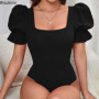 New 2026 Bubble Sleeve Black Bodysuits Solid Color Summer Fashion Temperament Slim Fit Sexy Tops One Pieces Clothes for Women