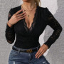 New Women's Sexy Bodysuit Autumn Y2K Fashion Sexy Black Lace Semi Transparent V-Neck Long Sleeved Casual Skinny Daily Bodysuit