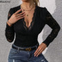 New Women's Sexy Bodysuit Autumn Y2K Fashion Sexy Black Lace Semi Transparent V-Neck Long Sleeved Casual Skinny Daily Bodysuit
