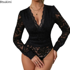 New Women's Sexy Bodysuit Autumn Y2K Fashion Sexy Black Lace Semi Transparent V-Neck Long Sleeved Casual Skinny Daily Bodysuit