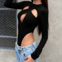 Sexy Hollow Out Bodysuits Slim Skinny Solid O-Neck Long Sleeve Rompers Women 2025 Autumn Spring Fashion Streetwear Ladies Tops