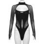 2025 New Vintage Dark Sheer Mesh Patchwork Cyber Y2k Bodysuits Hollow Out Bodycon T-shirt Women Gothic Punk Long Sleeve Bodysuit