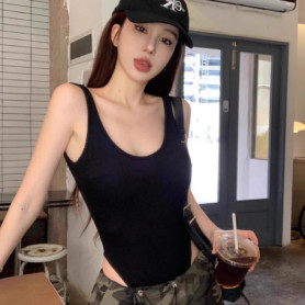 Black Strappy Bodysuit Sexy Backless Ribbed Bodysuit Romper string femme sexy Sleeveless Tank Top gloved bodysuit Body Female