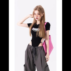 Y2k E girl Gothic Sexy Letter Print Short Sleeves Women's Bodysuits Fashion Jumpsuit Female Outfits Street Casual Rompers Mujer