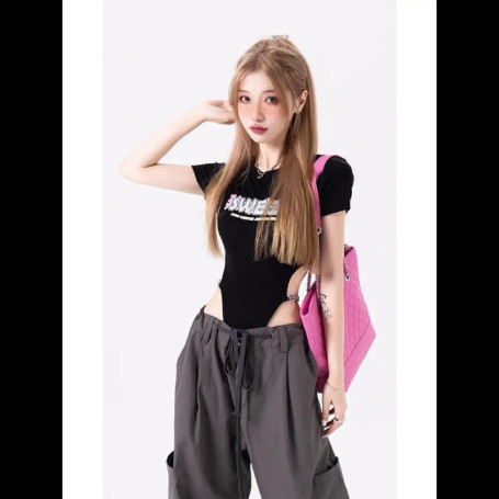 Y2k E girl Gothic Sexy Letter Print Short Sleeves Women's Bodysuits Fashion Jumpsuit Female Outfits Street Casual Rompers Mujer