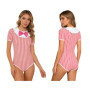 Women Bow Striped Bodysuit Shirts for Sleepwear Party Short Sleeve Buttoned Crotch Leotard Sleeping Pajamas Nightgown Loungewear