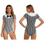 Women Bow Striped Bodysuit Shirts for Sleepwear Party Short Sleeve Buttoned Crotch Leotard Sleeping Pajamas Nightgown Loungewear