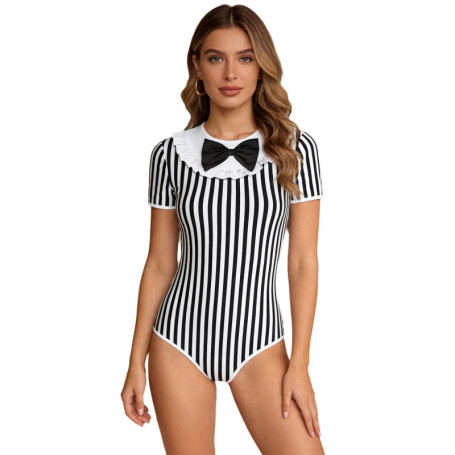 Women Bow Striped Bodysuit Shirts for Sleepwear Party Short Sleeve Buttoned Crotch Leotard Sleeping Pajamas Nightgown Loungewear