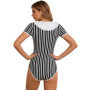 Women Bow Striped Bodysuit Shirts for Sleepwear Party Short Sleeve Buttoned Crotch Leotard Sleeping Pajamas Nightgown Loungewear