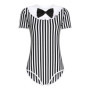 Women Bow Striped Bodysuit Shirts for Sleepwear Party Short Sleeve Buttoned Crotch Leotard Sleeping Pajamas Nightgown Loungewear