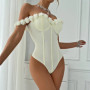 Sexy 3D Flower Lace Bodysuit Women Yellow Ruffles Off Shoulder Sleeveless Underwire Slim Fit Fishbone Sheer Corset Jumpsuit