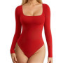 GUUDIA Spandex Elastic Body Suit Shapewear Women Body Shaper Tummy Control Long Sleeve Open Crotch Big U Neck Seamless Shapers