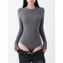 Women's Crew Neck Ribbed Slinky Long Sleeve Bodysuit Cotton Materials 8 Colors