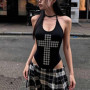 Kimutomo Bodysuits Women Criss Halter Sexy Slim Fashion Grunge Gothic Vintage Y2k Aesthetic Harajuku Rompers Jumpsuits