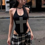 Kimutomo Bodysuits Women Criss Halter Sexy Slim Fashion Grunge Gothic Vintage Y2k Aesthetic Harajuku Rompers Jumpsuits