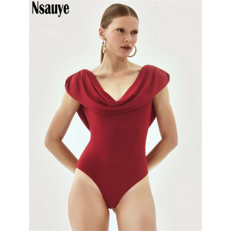 Nsauye Summer 2026 Women Fashion Sexy V Neck High Waisted Red Night Club Bodysuit Tops Y2K Overalls Skinny One Pieces Rompers