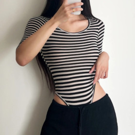 2205 Sexy Black Beige Horizontal Stripes Half Sleeve Bodysuit Woman O neck Tight Short Jumpsuit Slim fit Rompers Playsuits