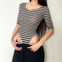 2205 Sexy Black Beige Horizontal Stripes Half Sleeve Bodysuit Woman O neck Tight Short Jumpsuit Slim fit Rompers Playsuits