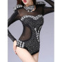 Sexy see through corset top black rhinestone mesh bodysuit women body rave festival clothing bodycon clubwear party jumpsuits HL