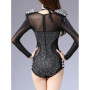 Sexy see through corset top black rhinestone mesh bodysuit women body rave festival clothing bodycon clubwear party jumpsuits HL