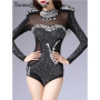 Sexy see through corset top black rhinestone mesh bodysuit women body rave festival clothing bodycon clubwear party jumpsuits HL