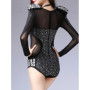 Sexy see through corset top black rhinestone mesh bodysuit women body rave festival clothing bodycon clubwear party jumpsuits HL