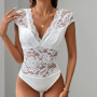 Benuynffy Deep V-neck Sexy White Lace Bodysuit Women 2025 Summer New Cap Sleeve Tie Backless Club Party One Piece Body Top