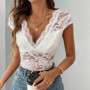 Benuynffy Deep V-neck Sexy White Lace Bodysuit Women 2025 Summer New Cap Sleeve Tie Backless Club Party One Piece Body Top