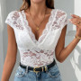 Benuynffy Deep V-neck Sexy White Lace Bodysuit Women 2025 Summer New Cap Sleeve Tie Backless Club Party One Piece Body Top
