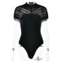 SsTss Summer Chic Women's Bodysuits Sexy See Through Mesh Patchwork Ruched O Neck Short Sleeve Bodycon Tops for Party Clubwear