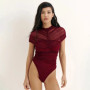 SsTss Summer Chic Women's Bodysuits Sexy See Through Mesh Patchwork Ruched O Neck Short Sleeve Bodycon Tops for Party Clubwear