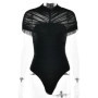 SsTss Summer Chic Women's Bodysuits Sexy See Through Mesh Patchwork Ruched O Neck Short Sleeve Bodycon Tops for Party Clubwear